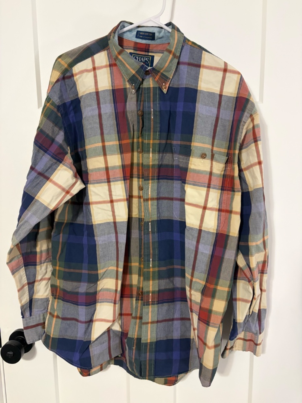 Chaps Ralph Lauren Button Down Shirt Mens Blue Green Plaid Long Sleeve 90's